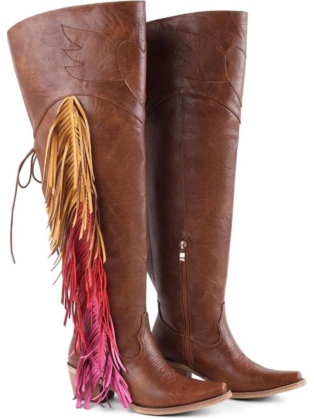〽️Women's Knee-Calf Faux Fur Boots Brown Faux Leather Furry Heel Pointed Toe